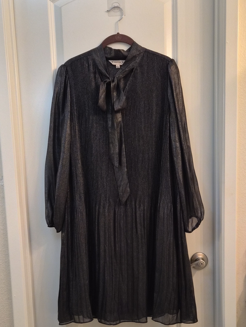 Nanette Lepore Metallic Black Long-Sleeve Tie-Neck Dress